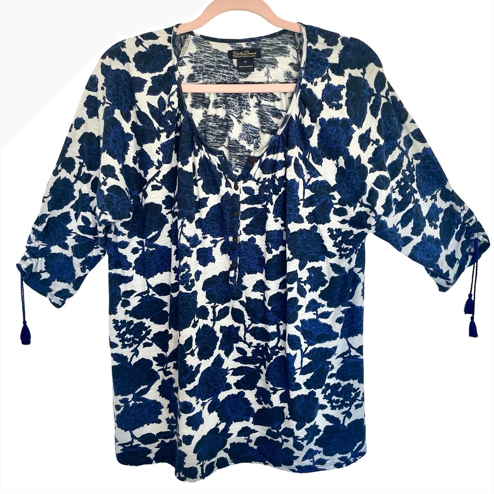Lucky Brand Henley Peasant Top Blue White Floral Tassel Ruched Sleeve Plus Sz 1X